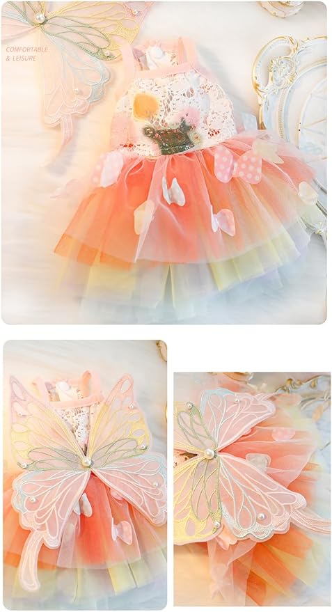 Dog Princess Dresses for Small Dogs Lolita Clothes Butterfly Costume Pet Girl Cute Coat Outfits Summer Costumes Puppy Handmade Skirt Cat Spring (M,Rainbow Faery)