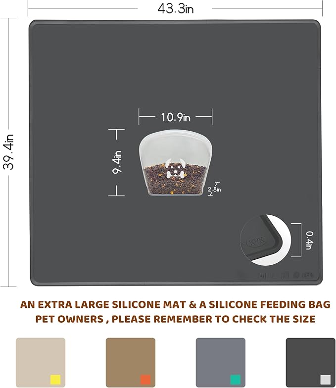 KVK Extra Extra Large Silicone Dog Food Mat 39.4×43.3in and 128oz Silicone Bag Set, Super Size Waterproof Pet Feeding Mat & Container, Non-Slip, Chew-Resistant Floor Protection (Dark Grey&Clear)