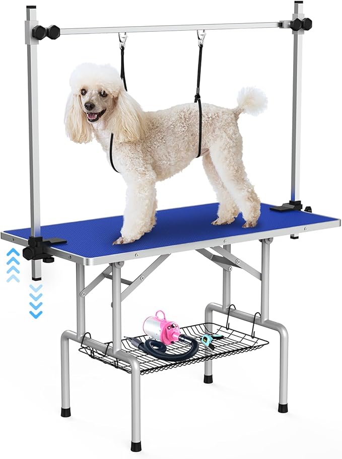 42''Large Dog Grooming Table, Adjustable Cat Drying Desktop with Arms, Nooses, Mesh Tray, Foldable Pet Station at Home, Maximum Capacity Up to 330Lb, 42inch, Blue