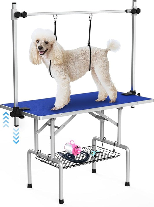 42''Large Dog Grooming Table, Adjustable Cat Drying Desktop with Arms, Nooses, Mesh Tray, Foldable Pet Station at Home, Maximum Capacity Up to 330Lb, 42inch, Blue