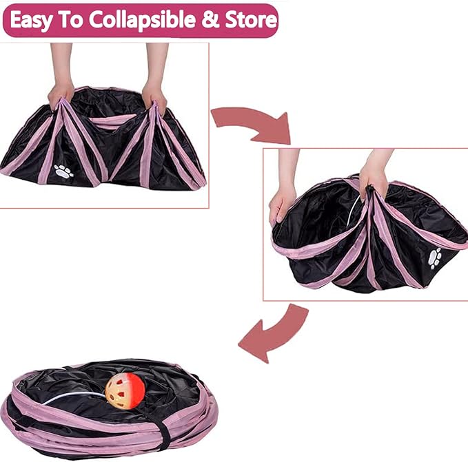 Cats Bunny Tunnel Tube Pink,3 Way Collapsible Small Animal Play Tunnel Toys with Ball for Indoor Cat Kitten Bunny Rabbit Ferret Small Animals (Black@Pink)