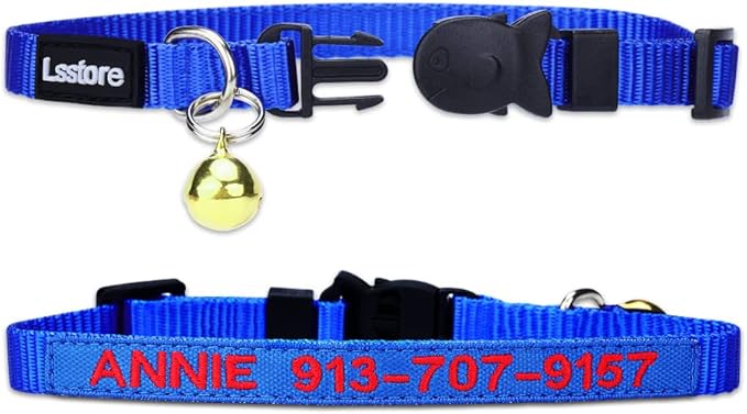 Personalized Nylon Cat Collar Breakaway with Bell - Custom Embroidered Text ID Collars with Pet Name and Phone Number