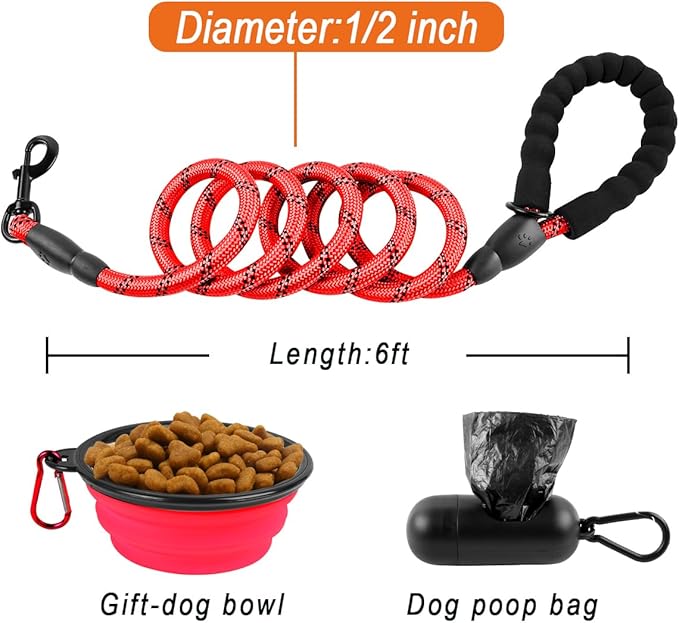 BARKBAY Dog Leashes for Large Dogs Heavy Duty Dog Leash 4/5/6 FT with Comfortable Padded Handle and Highly Reflective Threads for Medium Large Dogs Walking Training Running (6FT-1/2'',Red)