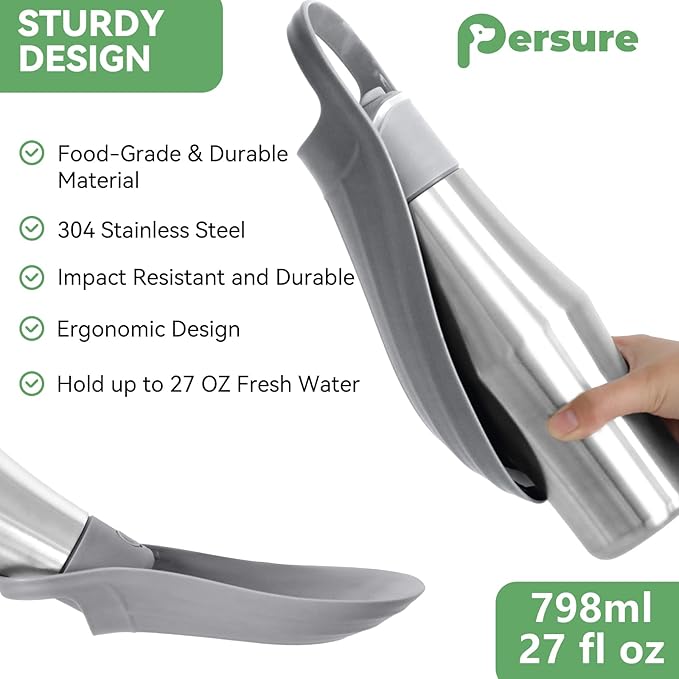 27 OZ Dog Water Bottle Portable Stainless Steel Convenient Pet Water Dispenser, Leak Proof Puppy Travel Water Bowl for Dog Outdoor Walking, Hiking, Perfect Size for All Dog Breeds, Grey