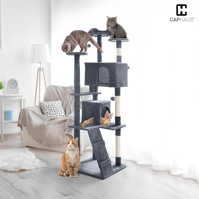 CAPHAUS Cat Tower for Indoor w/Cat Wand Toy, Modern Cute 74-Inch Cat Tree w/Widened Perch for Large Cats Kittens, Multi-Level Cat Activity Tree w/Scratching Posts, Tunnel, Basket, Cat Cave Condo