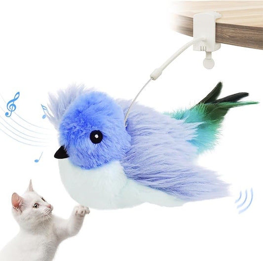 Migipaws Interactive Flapping Bird Cat Toys with Rod, clamp, Elastic String and Catnip, Automatic Chirping Toys for Indoor Cats to Chase, Hanging Feathers for Kitten to Self Play,Rechargeable(Blue)