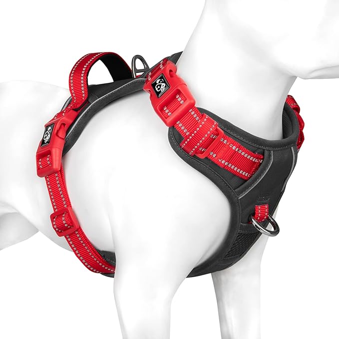 PHOEPET No Pull Dog Harness, Unique Colors Reflective Adjustable Dog Vest, with Soft Training Handle Metal Clips for Small Medium Large Dogs (Black Base & Red Straps,M)