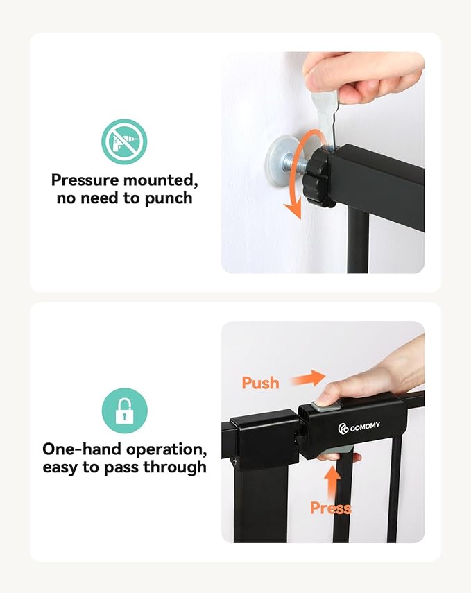 COMOMY 36" Extra Tall Baby Gate for Stairs Doorways, Fits Openings 29.5" to 43.3" Wide, Auto Close Sturdy Safety Dog Gate for House, Pressure Mounted Easy Walk Through Pet Gate with Door, Black