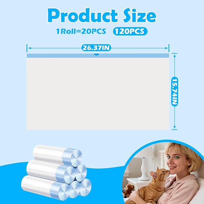 120 Count Cat Litter Bags For Poop Compatible with Litter Robot Waste Bags,Litter Box Liners With Drawsting For Automatic or Self-Cleaning Cat Box, Heavy-Duty, Extra Thick,26.37"X15.74"