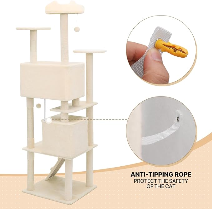 MoNiBloom 77 Inch Cat Tree Tower for Indoor Cats Large Adults, Tall Cat Tower with Scratching Post, Multi-Level Furniture Activity Center with Cat Condo Pet Play House, Beige