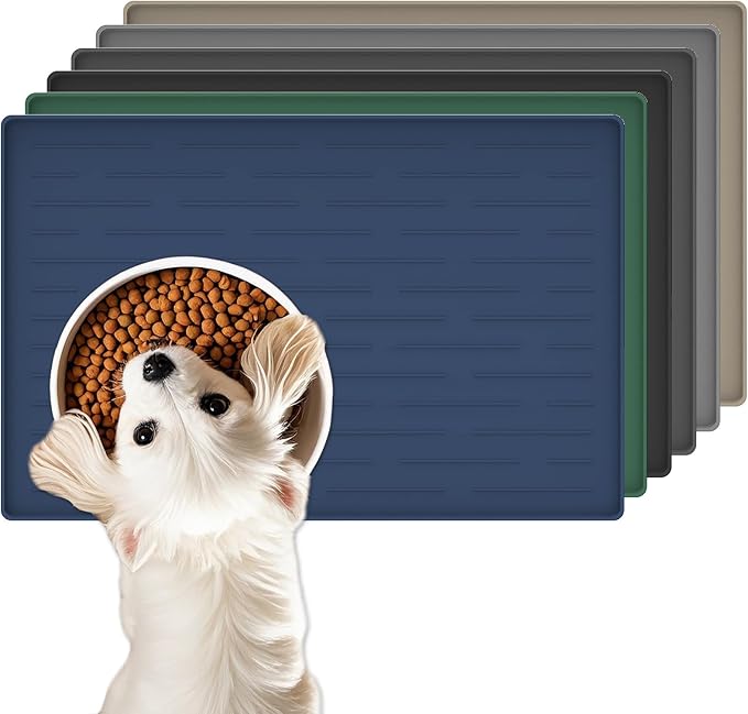 18"x12" Dog Food Mat, Silicone Dog and Cat Mats for Food and Water Bowls, Waterproof Raised Edge Pet Feeding Mat for Contain Spills Protects Floors, Multiple Colors & Sizes for Pets, Dark Blue