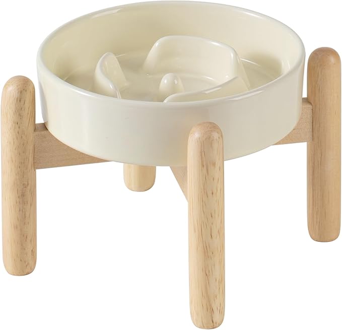 6.1inch Ceramic Raised Dog Slow Feeder Set, Elevated Bowl with Wooden Stand for Small Dog and Cat, Puzzle Slow Dog Food Dish, Anti-Gulping(Beige, Single Bowl+ Stand)