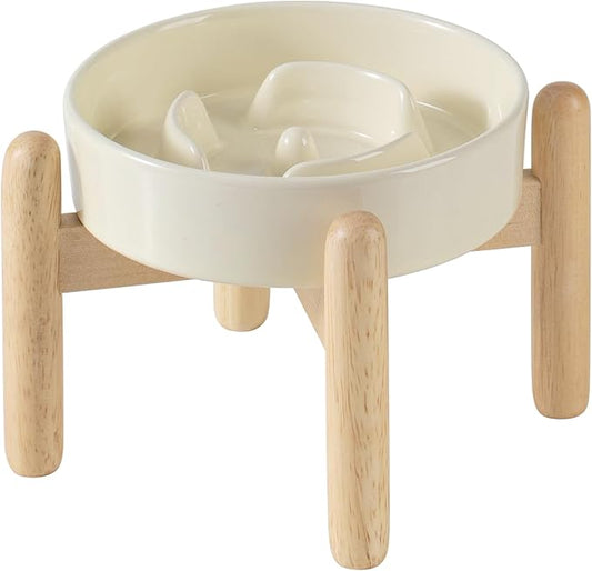 6.1inch Ceramic Raised Dog Slow Feeder Set, Elevated Bowl with Wooden Stand for Small Dog and Cat, Puzzle Slow Dog Food Dish, Anti-Gulping(Beige, Single Bowl+ Stand)