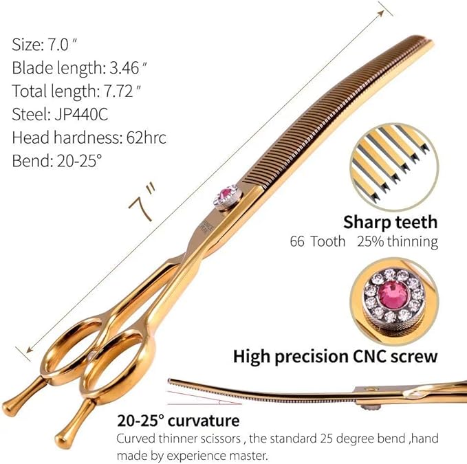 Fenice Peak Professional Dog Grooming Scissors Pet Curved Thinning Shears 7.0'' Extremely Sharp Blades 440C Steel Thinning Scissors Durable Smooth Motion & Fine Cut for Dogs and Cats(Gold)