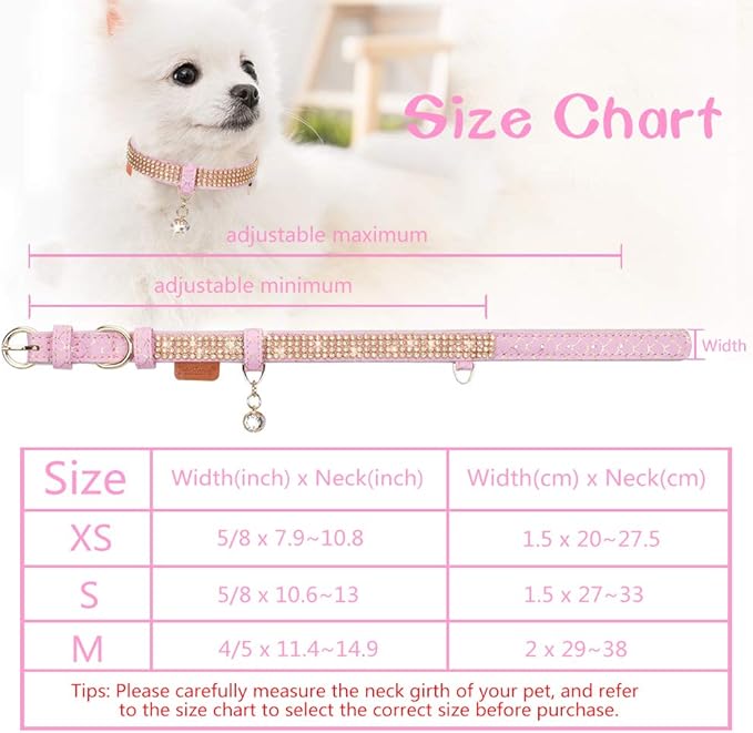 PetsHome Cat Collar, Dog Collar, [Bling Rhinestones] Premium PU Leather with Pendant Adjustable Collars for Cat and Small Dog Extra Small Pink