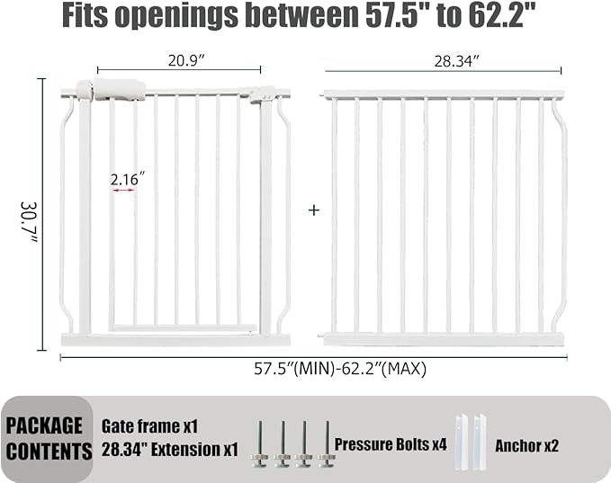 Extra Wide Baby Gate, 57.5-62 Inch - White Metal, Pressure Mounted Indoor Safety Gate, Walk-Through Dog Gate for Kids & Pets