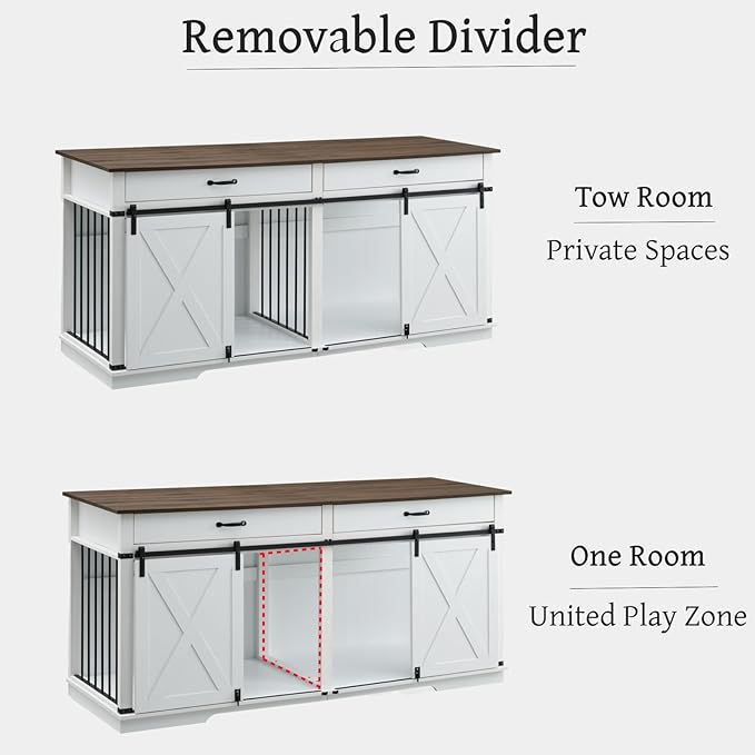 Dual Dog Kennel for 2 Medium Dogs, Wooden Furniture-Style Pet Crate with Removable Divider - 72.5 inch W Indoor Dog Cage Doubles as TV Stand & Display Shelf (White)