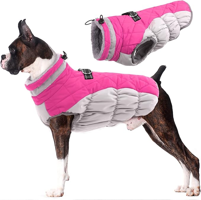 Lelepet Dog Coat Warm Dog Winter Coat Waterproof Dogs Jacket with Harness Built in Reflective Pet Fleece Vest Zip-Up Cold Weather Coats for Large Dogs Turtleneck & Windproof Coats Boston Terrier L