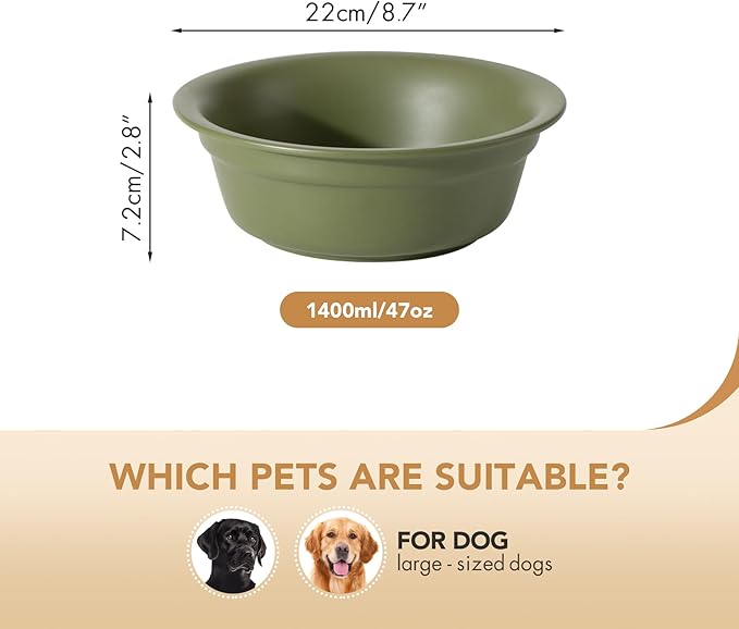 Ceramic 8.7inch Dog Bowl for Large Dogs, Basic Food and Water Bowl for Replacement, Wide Opening Rounded Edge(Single Bowls, Olive Green)