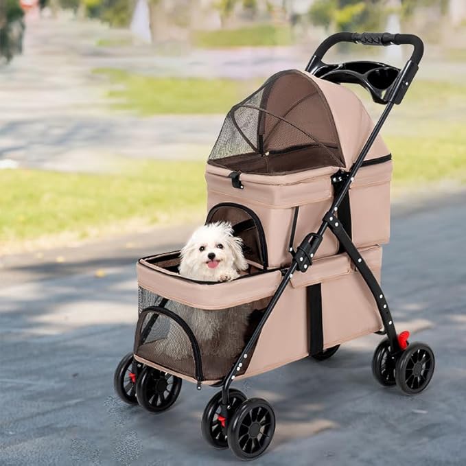 YYW Double Pet Stroller for Small Cats and Dogs, Foldable Kittens Puppies Travel Strolling Cart with 2 Carriages, Cup Holder & Lockable Wheels, Ideal for Multi-Pet Families(Gray)