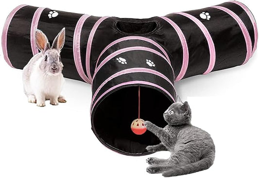 Cats Bunny Tunnel Tube Pink,3 Way Collapsible Small Animal Play Tunnel Toys with Ball for Indoor Cat Kitten Bunny Rabbit Ferret Small Animals (Black@Pink)
