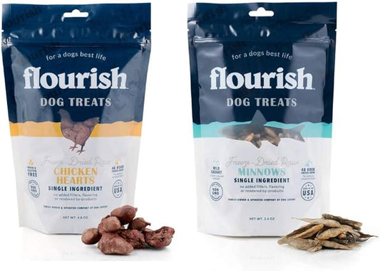 Flourish Pets Freeze Dried Raw Pet Treats for Dogs (Lg Minnows & Lg Chicken Hearts, 2-Pack)