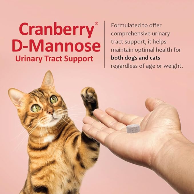 Cranberry D-Mannose Urinary Tract Supplement for Dogs & Cats – Bladder & UTI Health Support – Cranberry Extract, D-Mannose & Vitamin C–Promotes Urinary Wellness & Kidney Function – 60 Chewable Tablets