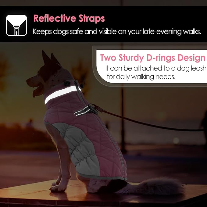 AOFITEE Dog Coat, Warm Dog Jackets for Large Dogs, Reflective Turtleneck Dogs Winter Coat with Harness Built in, Waterproof Windproof Pet Snow Jacket Fleece Vest for Cold Weather, Pink XXL