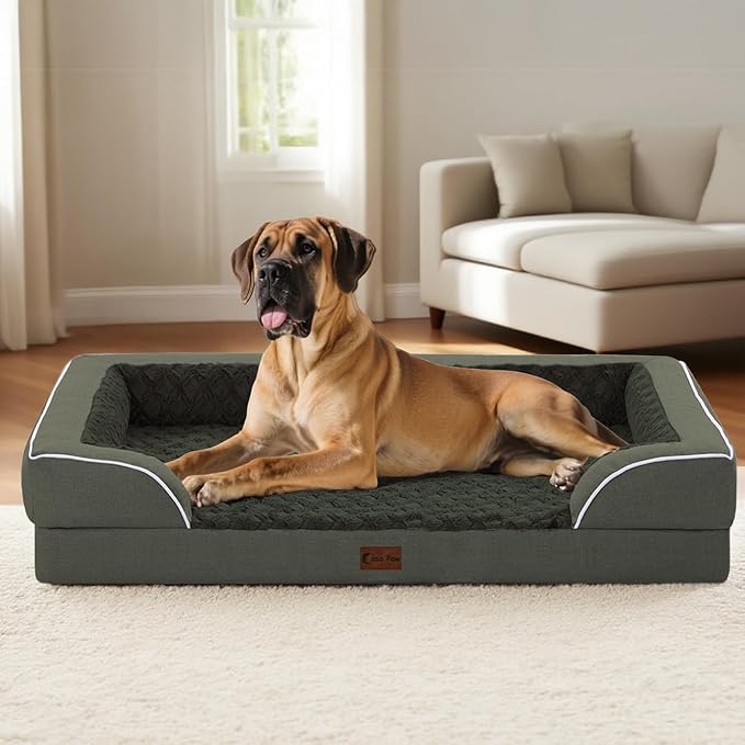 Orthopedic Dog Beds for Large Sized Dogs, Waterproof Memory Foam Large Pet Bed with Sides 36x27Inch, Non-Slip and Egg-Crate Foam Big Dog Couch Bed with Removable Washable Cover, Dark Green