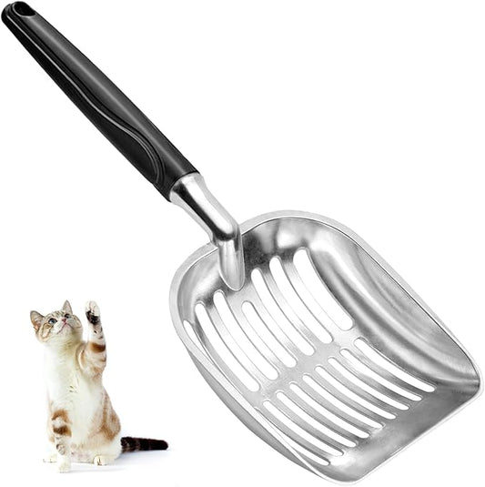 Cat Litter Scoop, Metal Cat Scooper, Plastic Handle Scoop, Sifting Shovel – Heavy Duty Aluminum Alloy Litter Box Scoop with Deep Mesh, Design for Easy Waste Removal and Cleaning(Black)