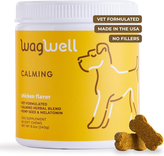 WagWell Ahiflower Omega Oil Dog Chews & Calming Chews Bundle - Skin, Coat, Hip and Joint Supplement for Dogs - Anxiety Relief