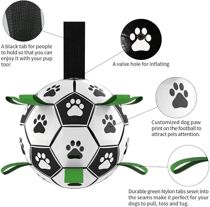 QDAN Dog Toys for Small Medium Puppy, Soccer Ball for Dogs with Straps, Dog Herding Balls, Birthday Toy Gifts, (Black Greem, 6 Inch)