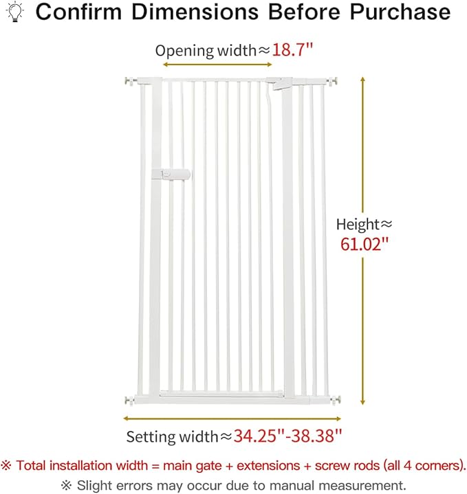 Lumizone Extra Tall Cat Gate 61.02" High Pressure Mounted Extra Wide 2025 New (17 Sizes) 1.37" Gap No Drilling Auto-Close One-Handed Operation Tall Pet Gate for Dogs(White, 34.25"-38.38"/87-97CM)