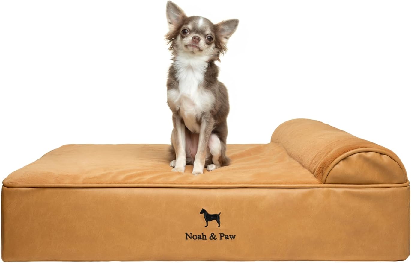 NOAH & PAW Dog Bed, 28x23x7.5 Inch, Orthopedic Dog Beds for Medium Size Pets, Eggshell Memory Foam Infused with Cooling Gel, Waterproof, Machine Washable, Includes Inner Cover (Faux Leather)
