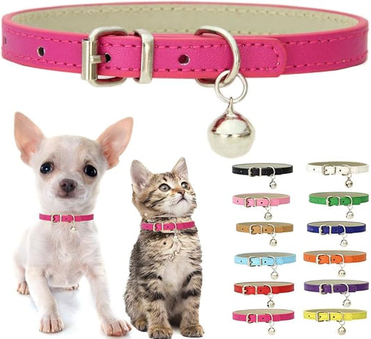 Hot Pink XS Dog Collar with Bell, Soft Pu Leather Cat Collars Adjustable Buckle for XXS Extra Small Medium Tiny Female Girls Pets Puppy Kitten Teacup Yorkie X-Small