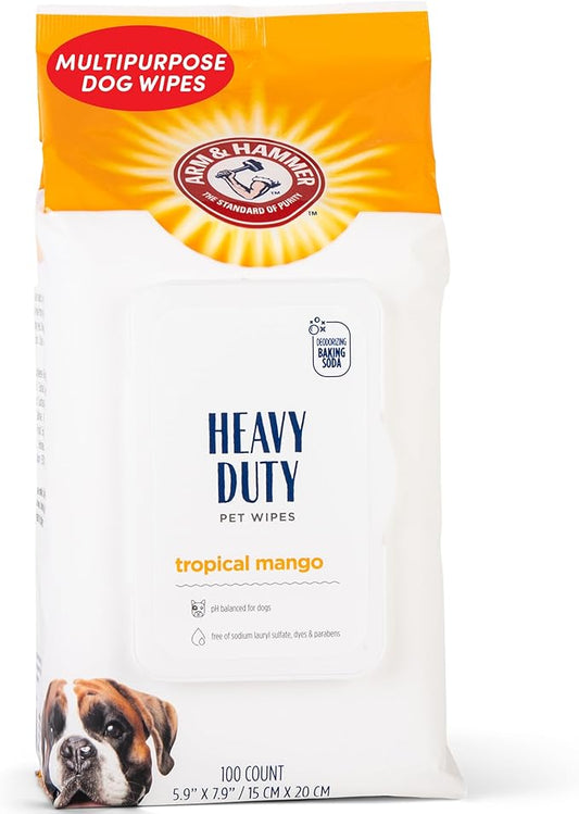 Arm & Hammer for Pets Heavy Duty Multipurpose Dog Bath Wipes, Mango Scent - Grooming Dog Wipes for Butt, Paw Wipes for Dogs, Dog Deodorant and Odor Eliminator, Pet Cleaning Wipes, 100 Count