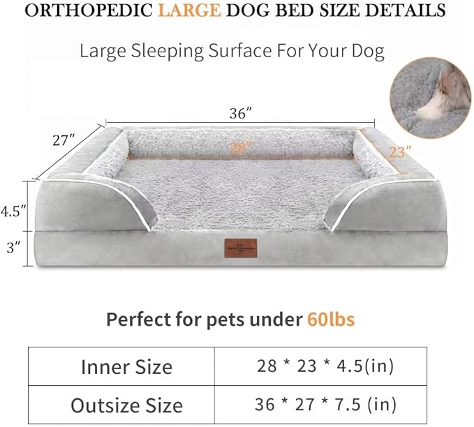 Comfort Expression Orthopedic Dog Bed for Large Dogs 36x27 Inch, Waterproof Supportive Memory Foam Large Pet Bed with Removable Bolsters, Dog Couch with Washable Cover & Non-Slip Bottom, Light Grey