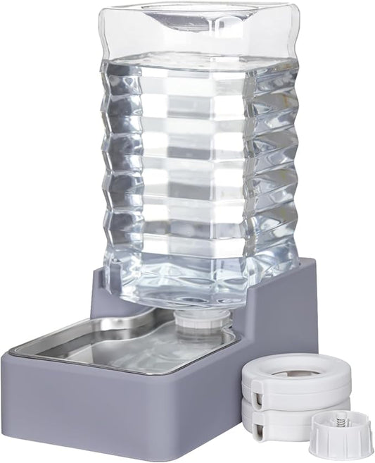 Sfozstra Automatic Lagre Water Dispenser: 9L Dogs Stainless Steel Gravity Light Gray Upgraded Feeder - Two Caps and Filters - Convenient Designed for Multiple Pets