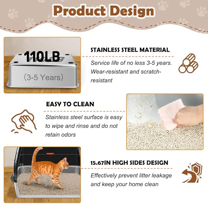 Vivifying Stainless Steel Litter Box with Lid, XL Front Entry Enclosed Extra Large Litter Box for Big Cats & Kitty, Top Exit Metal Cat Pan with Scoop, Mat, Footboard, Charcoal Filter (Black)