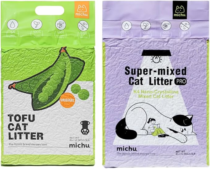 Michu Tofu Cat Litter Natural Clumping Tofu Cat Litter 5.5lb/88oz 5 Scents (Original + Mixed, 2 Pack)