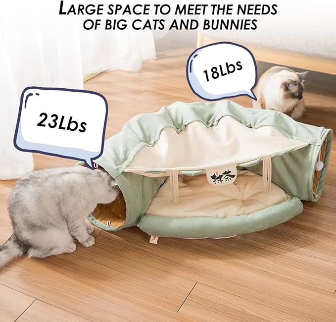 Cat Rabbit Tunnel Bed Nest for Cats Indoor, with Collapsible Washable Soft Cushion, Plush Ball and Exercise Wheel Tube, Fit for Puppy Bunny Kitty Kitten Ferret