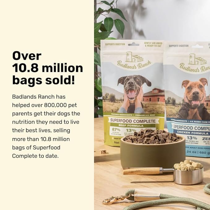 BADLANDS RANCH by Katherine Heigl- Superfood Complete, Air-Dried Adult Dog Food - High Protein, Zero Fillers, Superfood Nutrition (24 Ounce (Pack of 4), Beef)