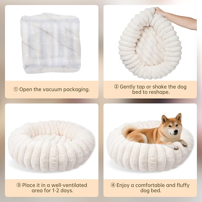 Donut Dog and Cat Bed, Luxurious Comfortable Faux Rabbit Fur Pet Beds, Round Anti-Anxiety Calming Puppy Kitten Bed with Anti-Slip Bottom for Small Medium Dogs & Cats(23", White)