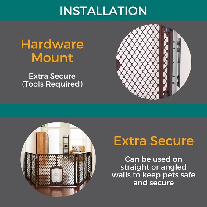 MyPet Extra Wide Dog Gate with Small Pet Door. 38.5” to 103.5" Wide. Cat Gate for Doorway. Made in USA. 26" Tall, Brown