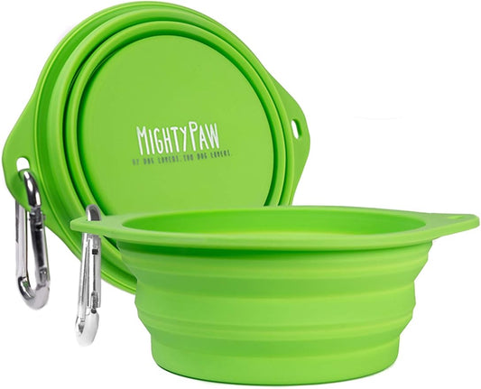 Mighty Paw Travel Dog Bowl Set - Silicone Food - Bonus Carabiner Clip - Ideal for Hiking - Camping - Lightweight - Leak-Proof - Collapsible Dog Bowl with Lid - Green - 2 Pack (27 Oz)