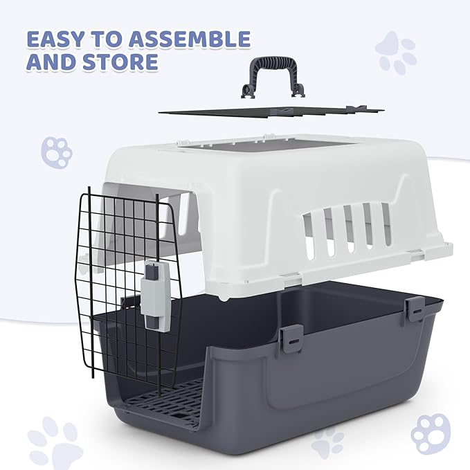 Magshion 22 Inch Hard-Sided Plastic Dog Carrier, 2-Door Top-Loading Kennel for Small Dogs and Cats Longer Traveling, Durable Handle, and 4 Sides Ventilation for Pet Up 22 lbs (White+Grey)