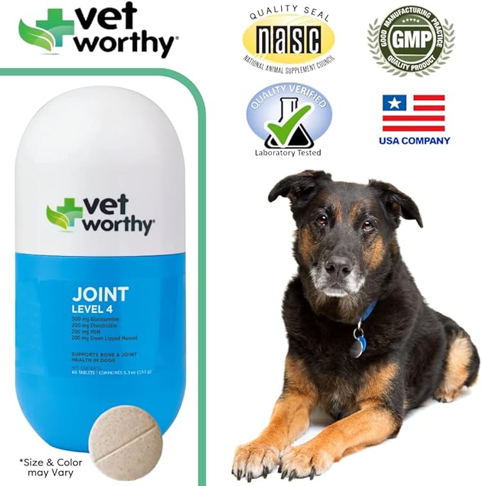 Vet Worthy Joint Support Level 4 - Chewable Tablet| Supports Bone Health and Healthy Joints - Dog Supplement with Glucosamine and Hyaluronic Acid | Vet Strength Joint Care | Liver Flavor, 60-Count