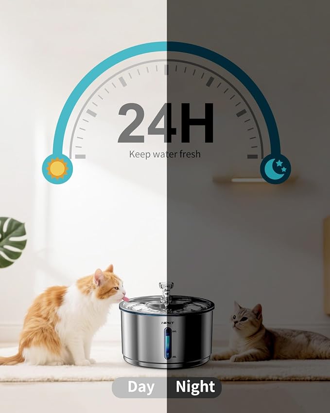 NPET Stainless Steel Cat Water Fountain, 1Gallon/135oz Automatic Pet Drinking Fountain Dog Water Dispenser Bowl with Water Level Window for Cats Indoor - WF210Plus