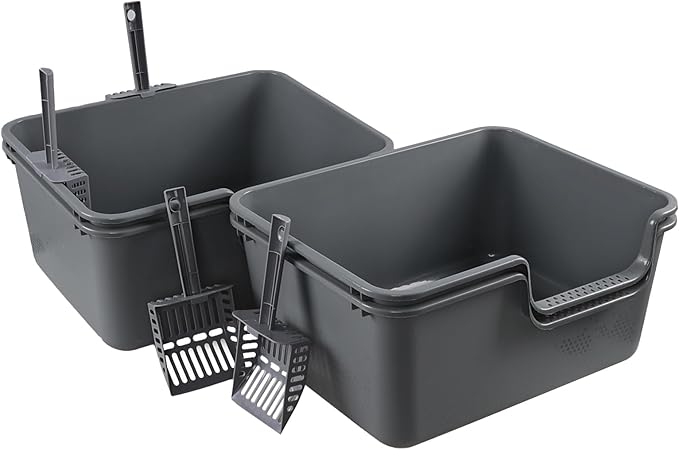 4-Pack Plastic High Wall Cat Litter Box with Scoop, Anti-Splashing Kitty Litter Pan, Grey