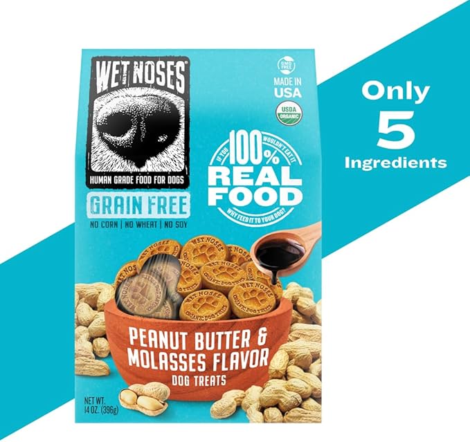 Grain-Free Organic Crunchy Dog Treats – for All Pet Sizes, Breeds – All-Natural Treat – 100% Human-Grade – Delicious Snacks for Dogs – Grain Free - Peanut Butter Molasses, 2 X 14oz Box